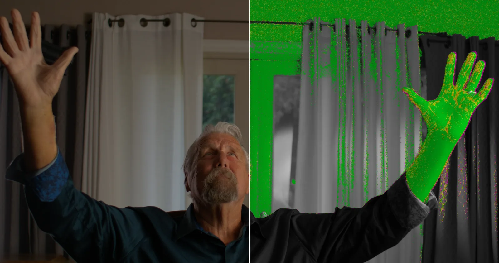 A man with arms raised to a bright window, split: the picture on the left, the skin indicator on the right.